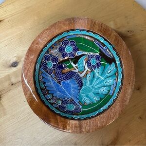 Mexican Hand Painted Wood Bowl Signed Folk Art Blue Peacock Puerto Vallarta 6”